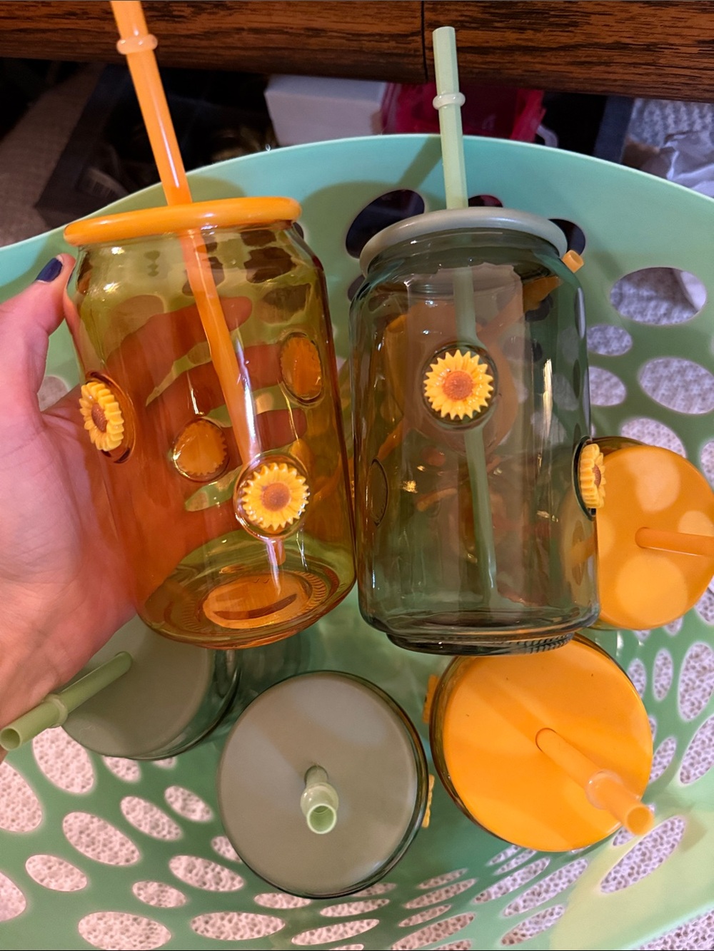 Sunflower Glass Tumbler Jars with Straws - Yellow & Green